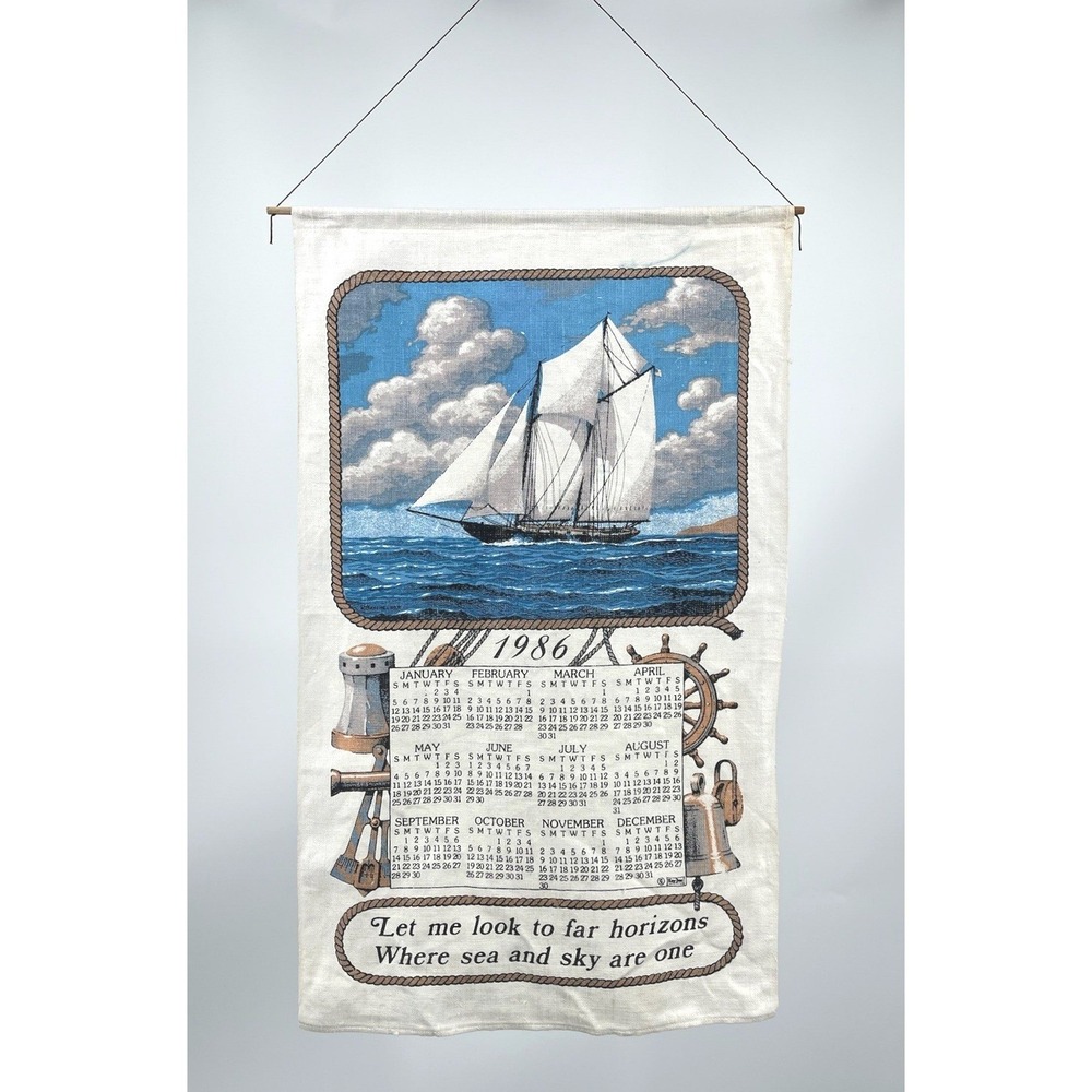Vintage 1986 Linen Wall Calendar Sailboat Nautical Maritime Hanging 16x27